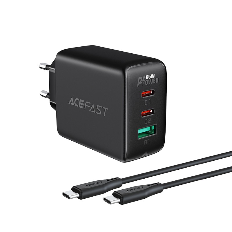 ACEFAST A13 Ladegerät Set mit USB-C 1.2m Kabel 65W Schnellladegerät 2x USB-C & 1x USB-A schwarz